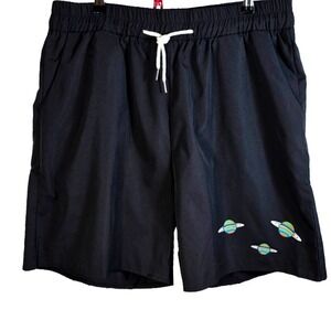 NWT Romwe Men's XXL Black Athletic Shorts Drawstring Waist Planet Graphic
